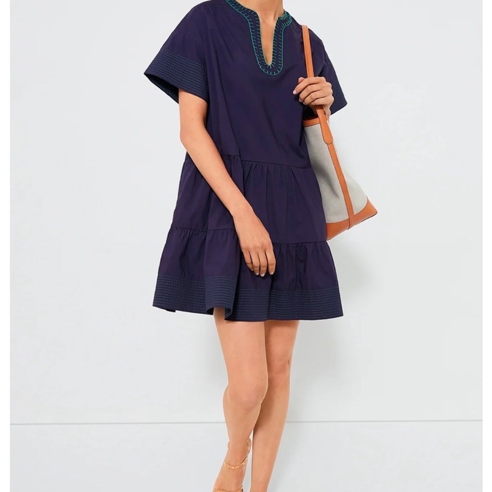 Pomander Place S Navy Blue Kingsley Tiered Mini Dress Embroidered Boho Cottage